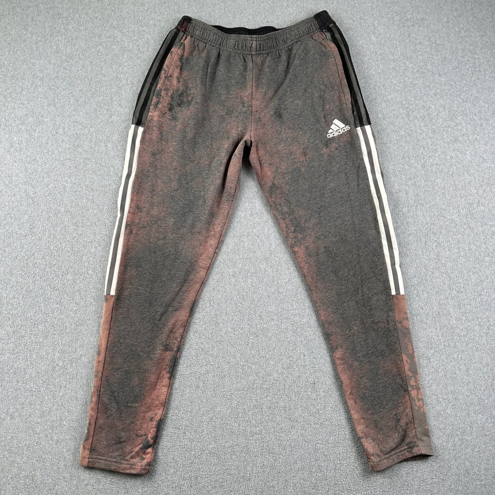 Adidas Sweatpants Mens Medium Joggers Gray Bleach Dye Tapered Athletic 3 Stripe